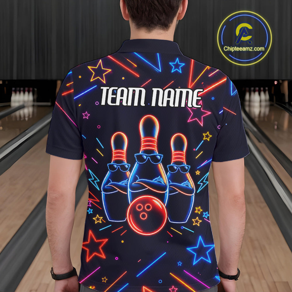 Back view of man wearing a blue funny neon bowling polo shirt, custom bowling team jersey design.
