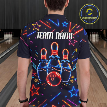 Back view of man wearing a blue funny neon bowling polo shirt, custom bowling team jersey design.