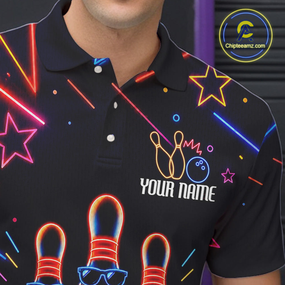 Close up of collar, chest and button details on a blue funny neon men's bowling polo shirt.