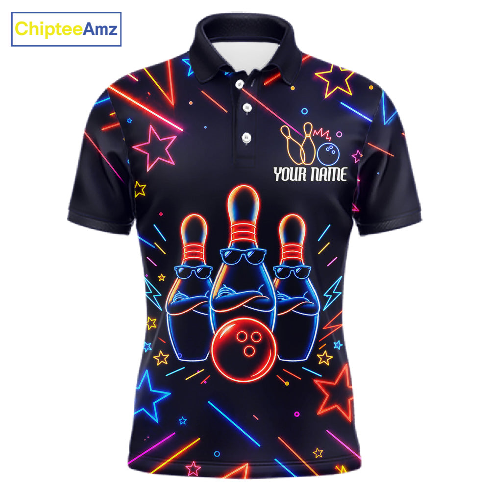 Blue funny neon custom bowling polo shirt for men, personalized bowling team jersey for league tournaments.
