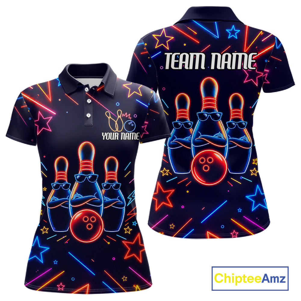Blue funny neon bowling team polo shirt for women with vibrant neon bowling graphics.