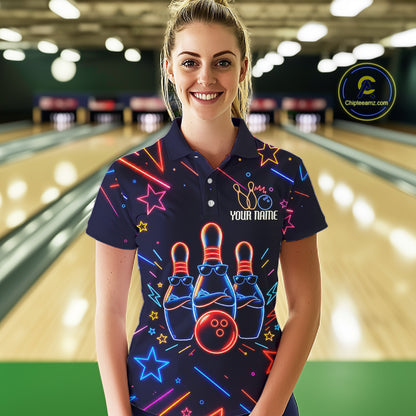 Woman wearing a blue funny neon bowling polo shirt front view.
