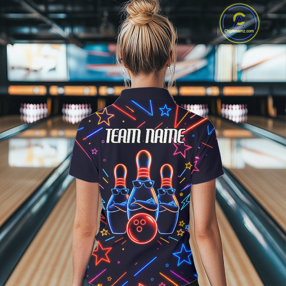 Back view of woman wearing a blue funny neon bowling polo shirt.