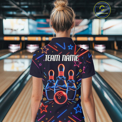 Back view of woman wearing a blue funny neon bowling polo shirt.
