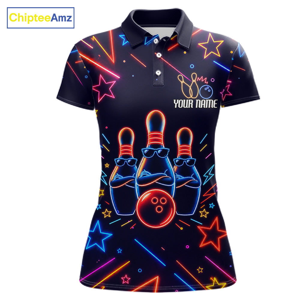 Blue funny neon custom bowling polo shirt for women.