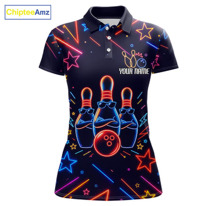 Blue funny neon custom bowling polo shirt for women.