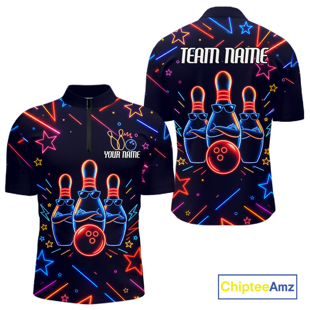 Blue funny neon quarter zip bowling shirt for men, custom bowling team jersey and tournament apparel.