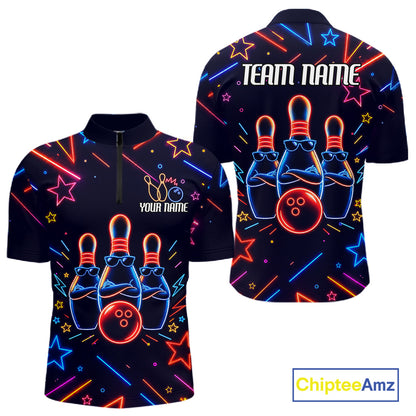 Blue funny neon quarter zip bowling shirt for men, custom bowling team jersey and tournament apparel.