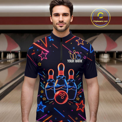 Man wearing a blue funny neon quarter zip bowling shirt front view, personalized bowling team apparel.