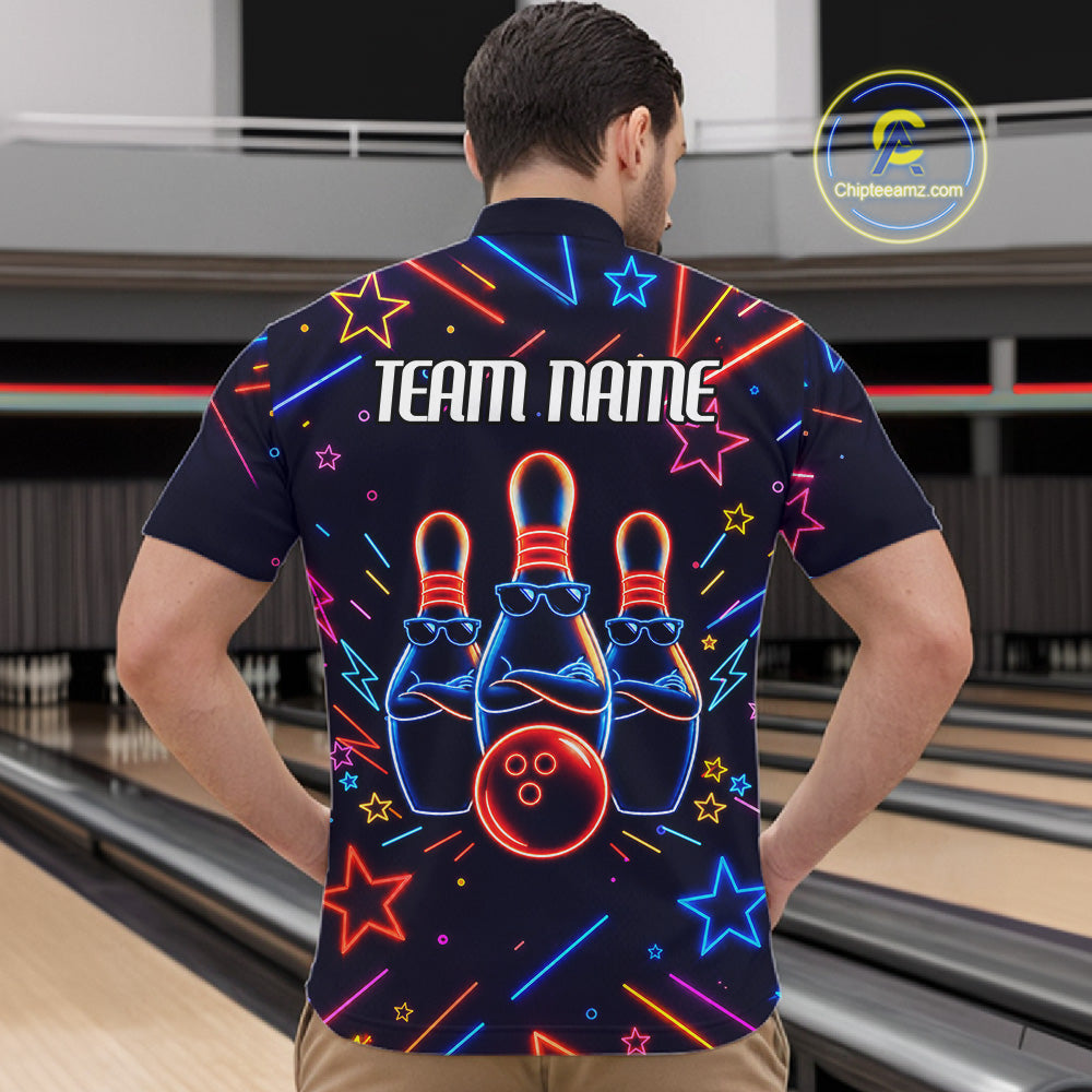 Back view of man wearing a blue funny neon quarter zip bowling shirt, bowling league team uniform.