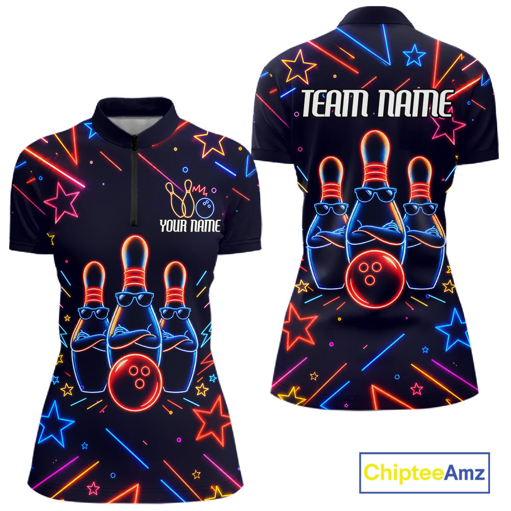 Blue funny neon quarter zip bowling shirt for women.