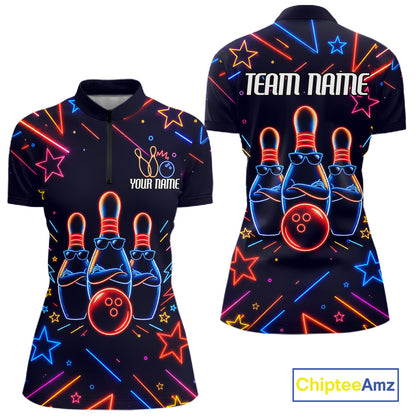 Blue funny neon quarter zip bowling shirt for women.