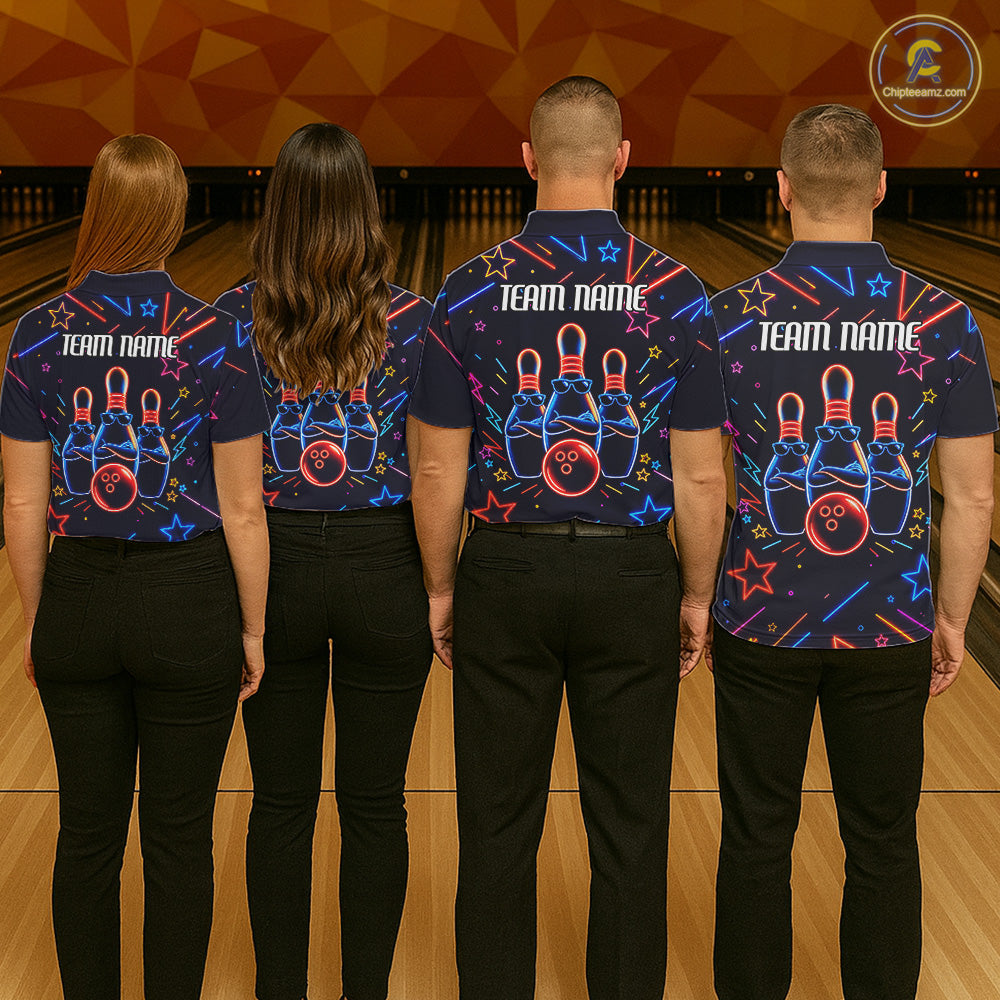 Back view of bowling team wearing matching blue funny neon bowling league jerseys.