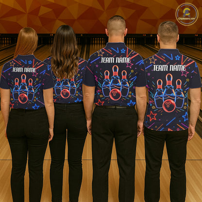 Back view of bowling team wearing matching blue funny neon bowling league jerseys.
