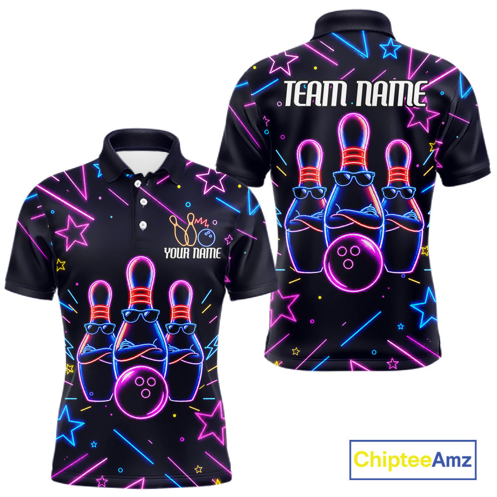 Purple funny neon bowling team polo shirt for men with vibrant neon bowling graphics.