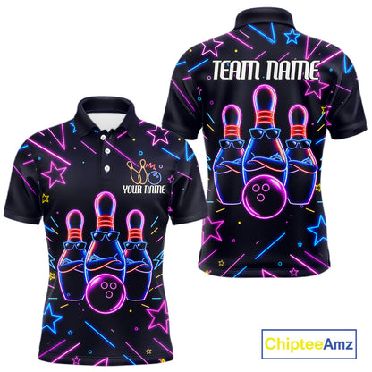 Purple funny neon bowling team polo shirt for men with vibrant neon bowling graphics.