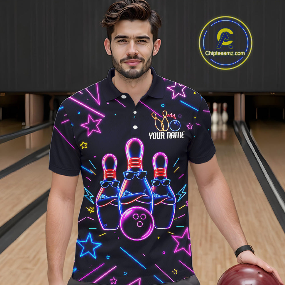 Man wearing a purple funny neon bowling polo shirt front view, custom bowling league jersey for men.