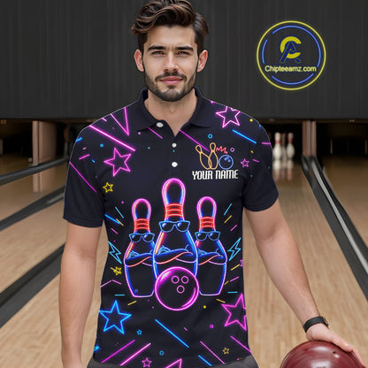 Man wearing a purple funny neon bowling polo shirt front view, custom bowling league jersey for men.