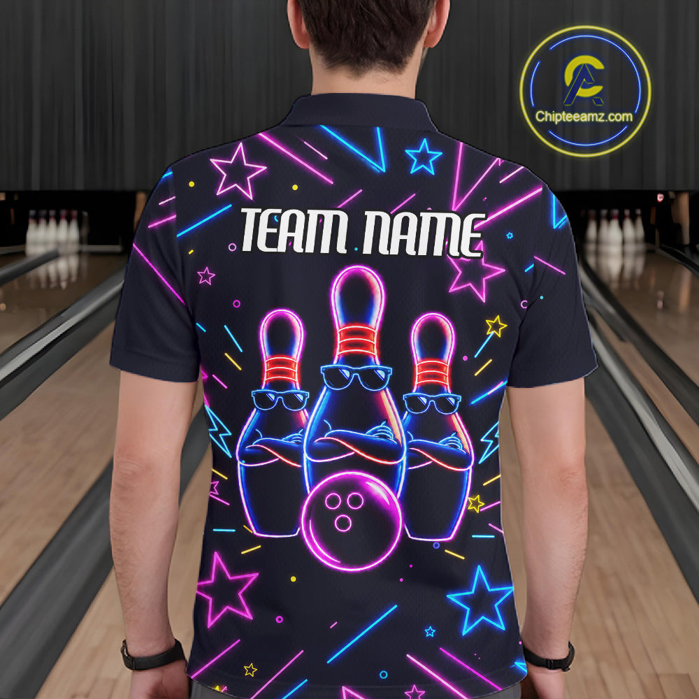 Back view of man wearing a purple funny neon bowling polo shirt, custom bowling team jersey design.