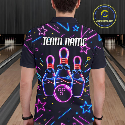 Back view of man wearing a purple funny neon bowling polo shirt, custom bowling team jersey design.