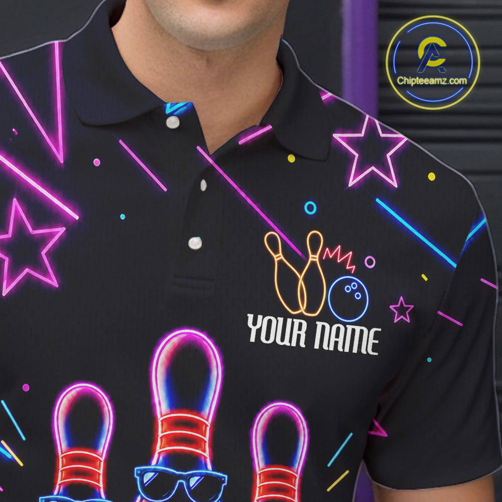 Close up of collar, chest and button details on a purple funny neon men's bowling polo shirt.