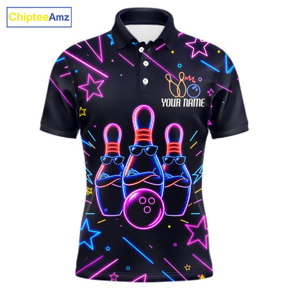 Purple funny neon custom bowling polo shirt for men, personalized bowling team jersey for league tournaments.