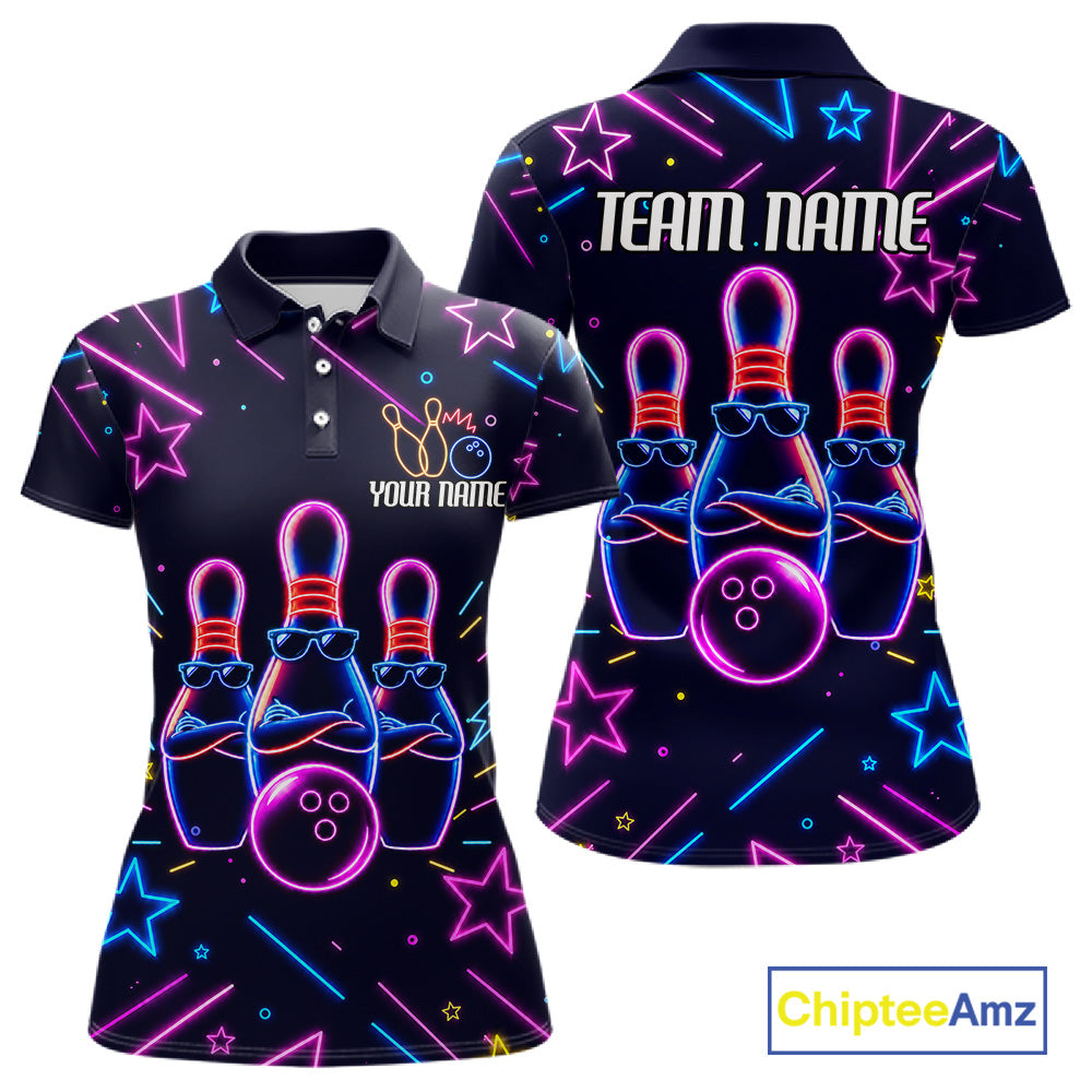 Purple funny neon bowling team polo shirt for women with vibrant neon bowling graphics.