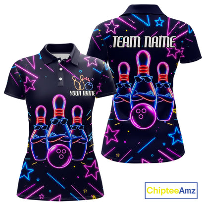 Purple funny neon bowling team polo shirt for women with vibrant neon bowling graphics.