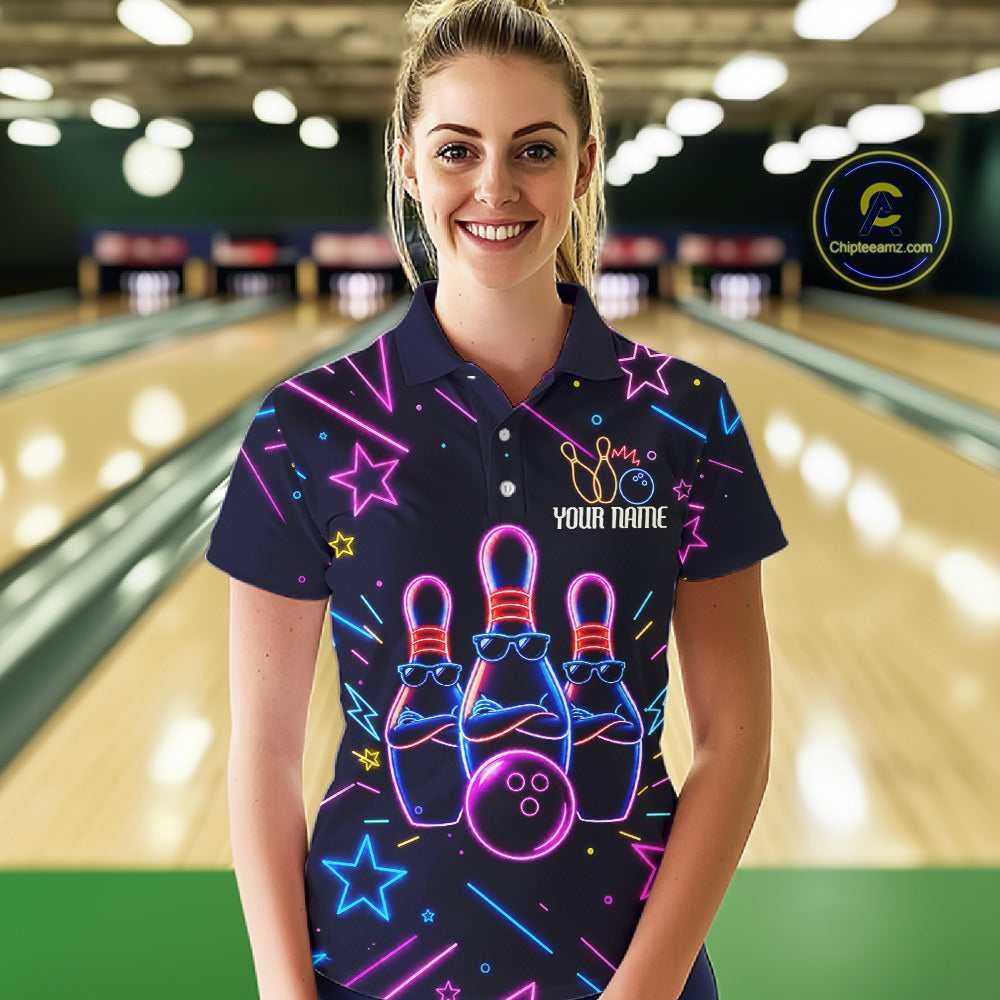 Woman wearing a purple funny neon bowling polo shirt front view.