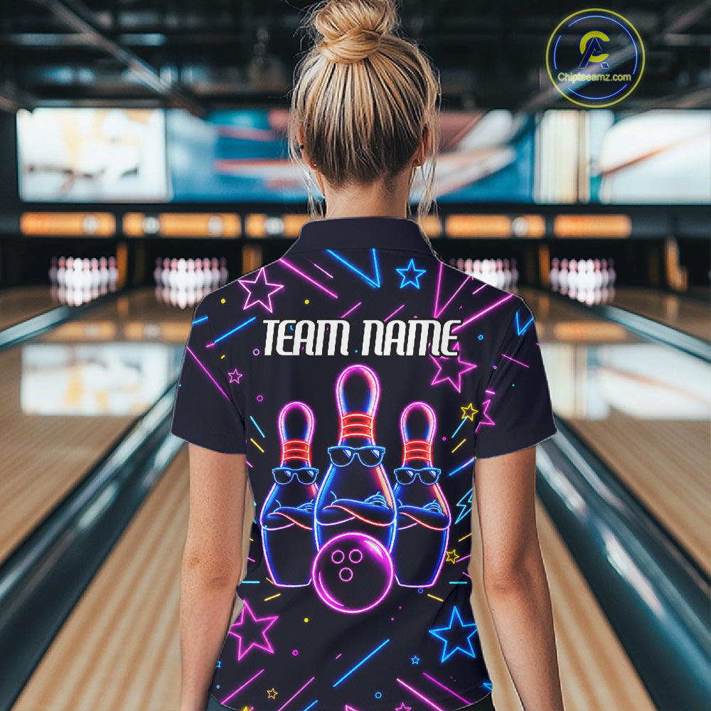Back view of woman wearing a purple funny neon bowling polo shirt.