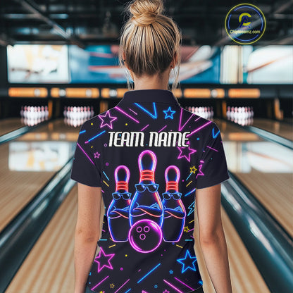 Back view of woman wearing a purple funny neon bowling polo shirt.