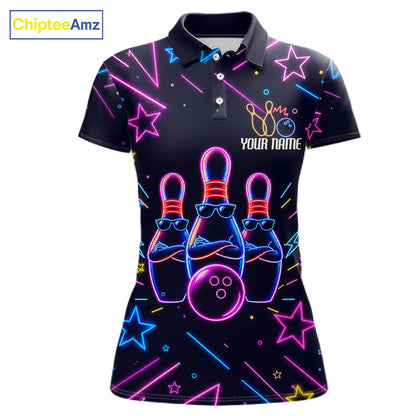 Purple funny neon custom bowling polo shirt for women.