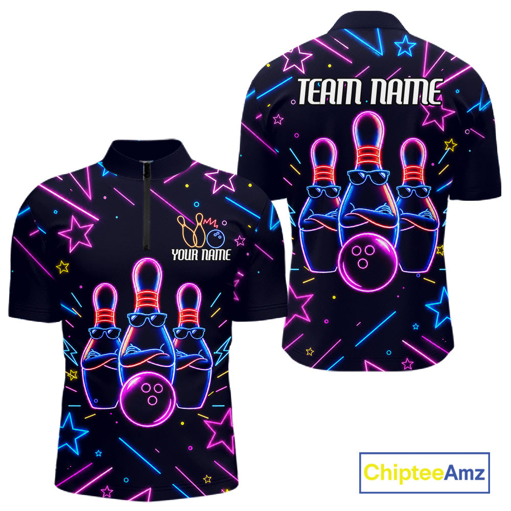Purple funny neon quarter zip bowling shirt for men, custom bowling team jersey and tournament apparel.