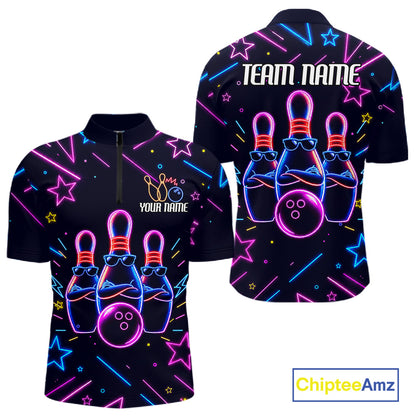 Purple funny neon quarter zip bowling shirt for men, custom bowling team jersey and tournament apparel.