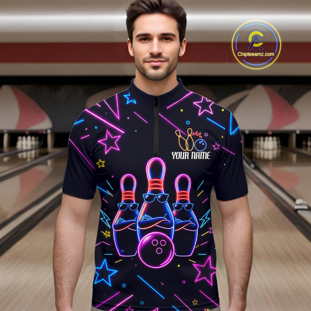 Man wearing a purple funny neon quarter zip bowling shirt front view, personalized bowling team apparel.