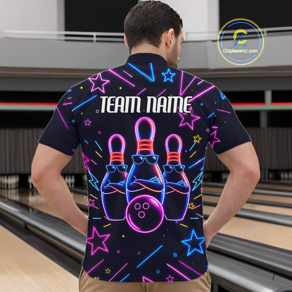 Back view of man wearing a purple funny neon quarter zip bowling shirt, bowling league team uniform.