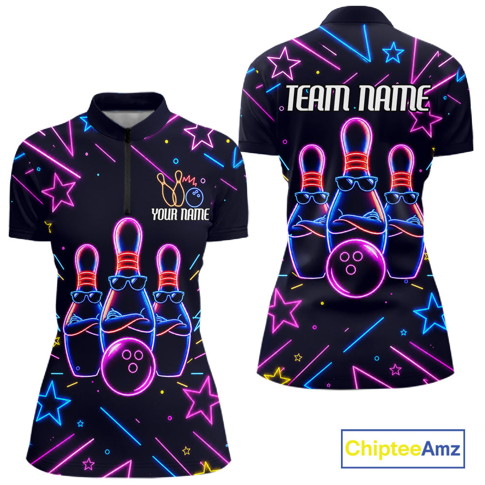 Purple funny neon quarter zip bowling shirt for women.