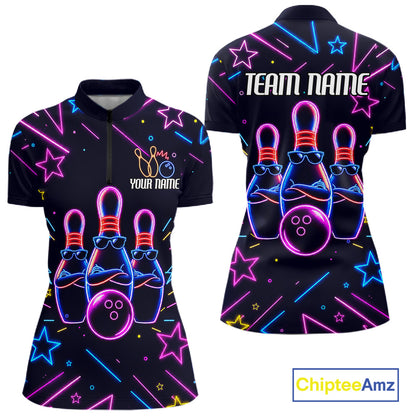 Purple funny neon quarter zip bowling shirt for women.