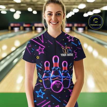 Woman wearing a purple funny neon quarter zip bowling shirt front view.
