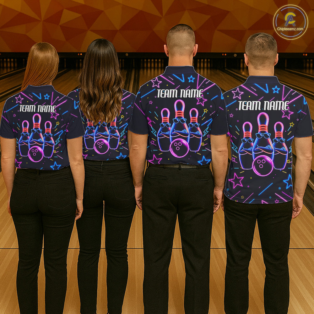 Back view of bowling team wearing matching purple funny neon bowling league jerseys.