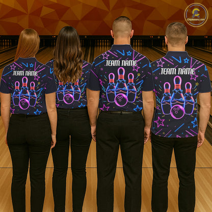 Back view of bowling team wearing matching purple funny neon bowling league jerseys.