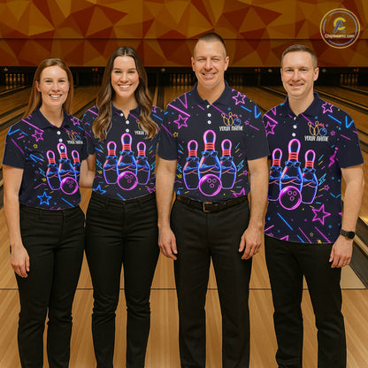Bowling team wearing matching purple funny neon custom bowling jerseys front view.