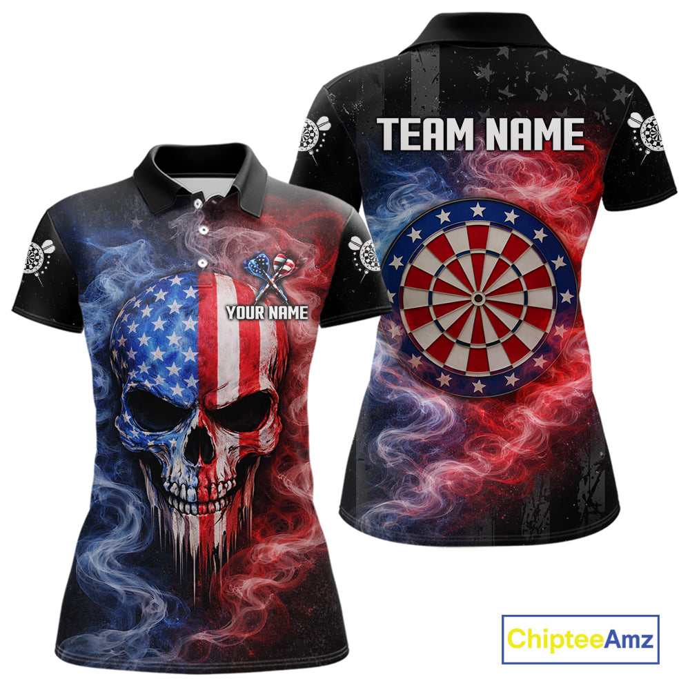 Custom American Flag Smoke Skull Darts Shirt For Women, Patriotic Darts Team Jersey Polo & 1/4 Zip TDM5811