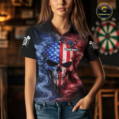 Custom American Flag Smoke Skull Darts Shirt For Women, Patriotic Darts Team Jersey Polo & 1/4 Zip TDM5811