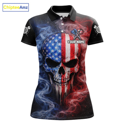 Custom American Flag Smoke Skull Darts Shirt For Women, Patriotic Darts Team Jersey Polo & 1/4 Zip TDM5811
