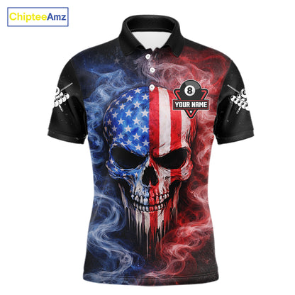 Custom 8 Ball US Flag Smoke Skull Billiard Shirt For Men, Patriotic Pool Team Jersey Polo, 1/4 Zip TDM5812
