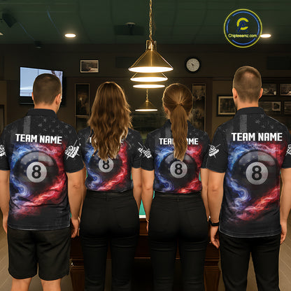Custom 8 Ball US Flag Smoke Skull Billiard Shirt For Men, Patriotic Pool Team Jersey Polo, 1/4 Zip TDM5812