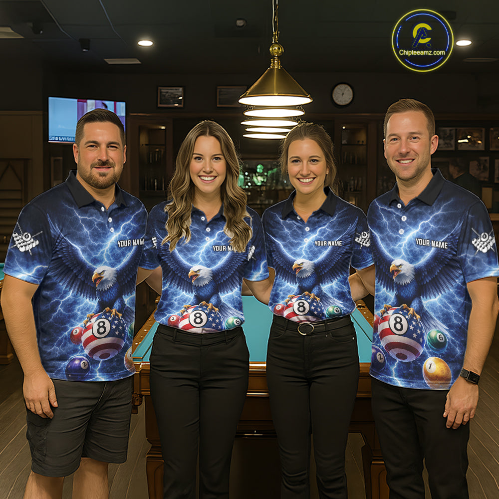 Blue 8 Ball US Flag Thunder Lightning Eagle Billiard Shirt For Women Custom Pool Team Jersey TDM5813