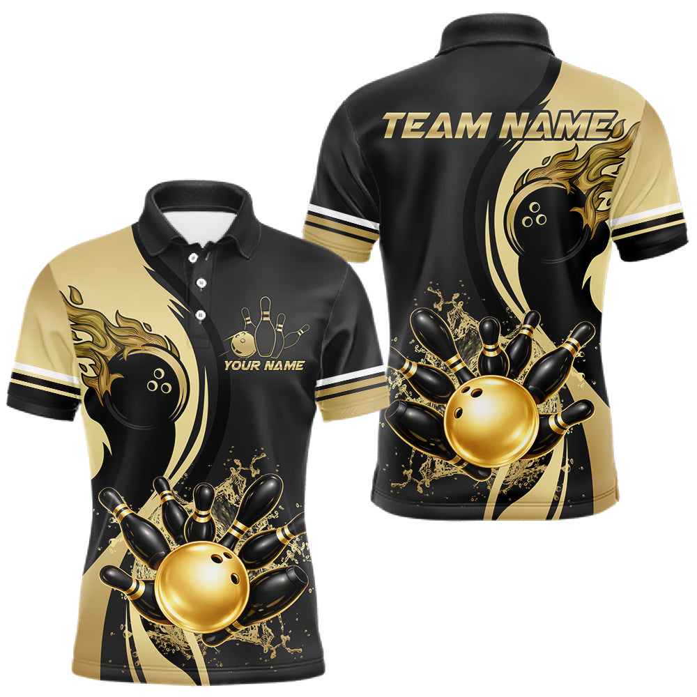 Custom Black And Gold Splatter Bowling Shirt For Men, Bowling League Jerseys Team Polo & 1/4 Zip TDM6417