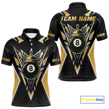 Customized 8 Ball Pool Crown Men Billiard Shirts, Gold And Black Billiard Team Shirts, Pool Jersey TDM4078